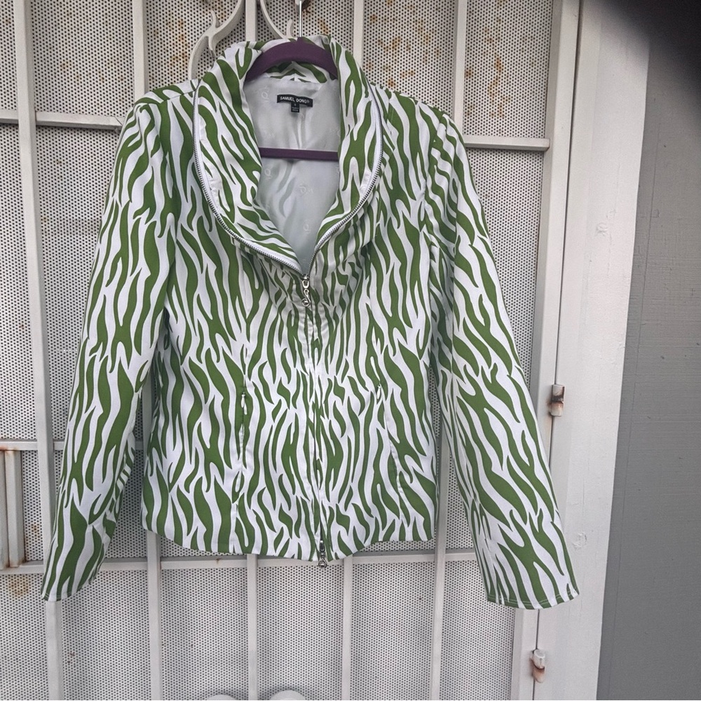 Samuel Dong S Green & White Zebra Print lined zip front lightweight Jacket